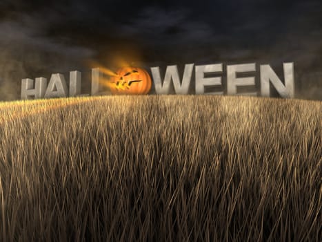 Halloween made of stone letters and giant pumpkin in the field at night