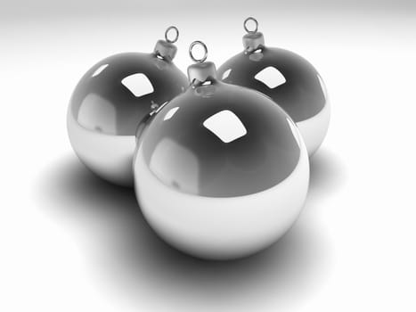 Three silver christmas bulbs with silver hangers, 3d render