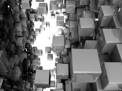 Among the crowd of reflective cubes, 3d render