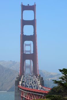 A rush hour traffic over a famous golden gate bridge