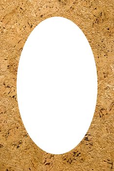 Isolated oval place for text or photograph image photoframe frame. Background - yellow plate made of cork tree