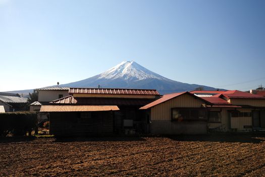 mount fuji with japanese style residential house