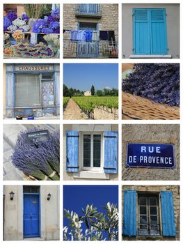 XL collage made from 12 high resolution Provence related images in blue