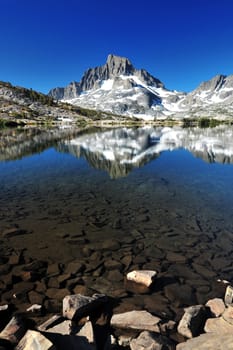 stone in thousand island lake, with banner peak from california
