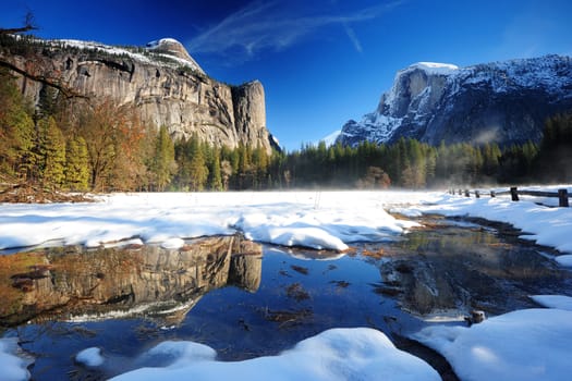 A reflection of snowy Half Dome and a big cliff in winter