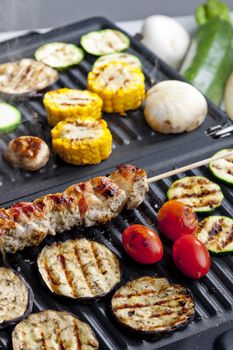 meat skewer and vegetables on electric grill