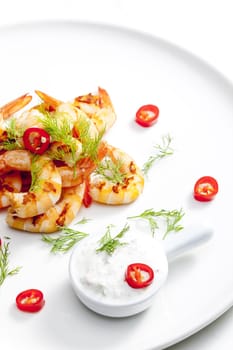 grilled prawns with dip of garlic, chilli and dill