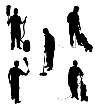 Illustration of five silhouette people cleaning