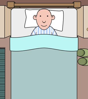 Illustration of a bald person laying in bed