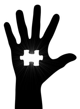 Illustrated hand with a puzzle piece in the palm