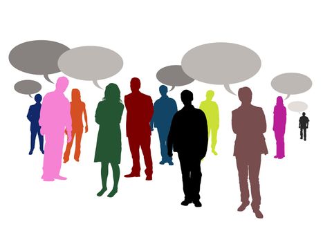 Illustrated crowd of people with speech bubbles