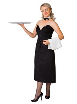 A young woman waiter with a tray isolated on white background