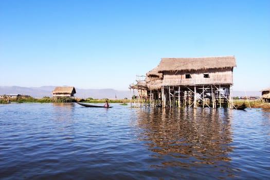 Landscape of wooden houses built in water in Myanmar