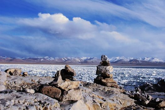 Landscape of the famous Lake Namtso in Tibet in the winter