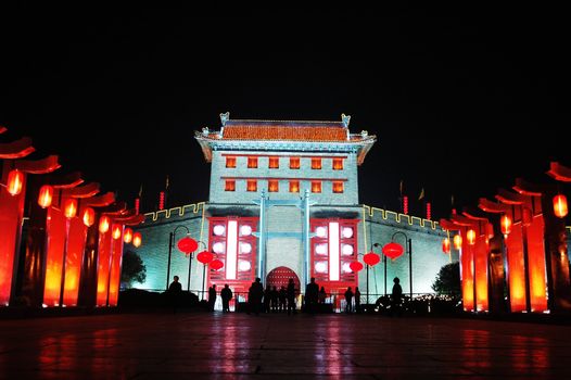 Night scenes of the famous ancient city wall of Xian China