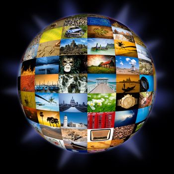 Abstract globe with many vibrant photos.