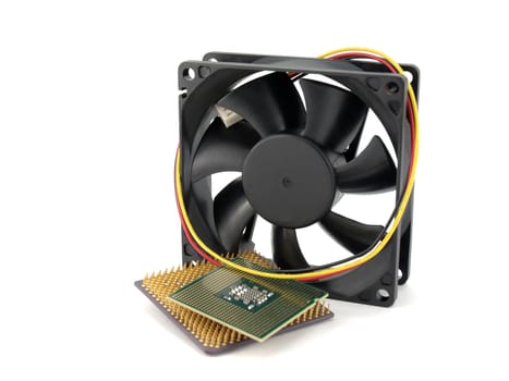 Microprocessors and fan over white