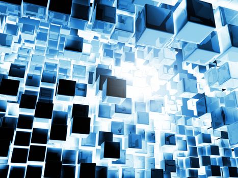 Metal cubes flying into the abyss of light, 3d render