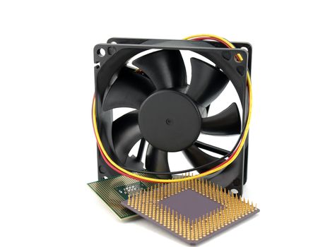 Microprocessors and fan over white