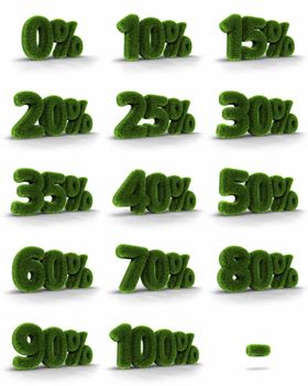 Complete set of grass percent tags for sales and discounts, price tags with minus, 3d render