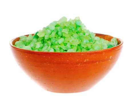 Salt for aromatic bath in clay dish on white background