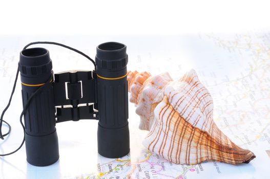 Concept of travel to see, black binoculars and a big sea shell on a map