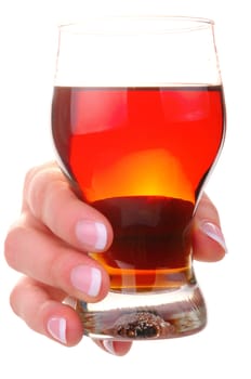 Female hand with drink on white background