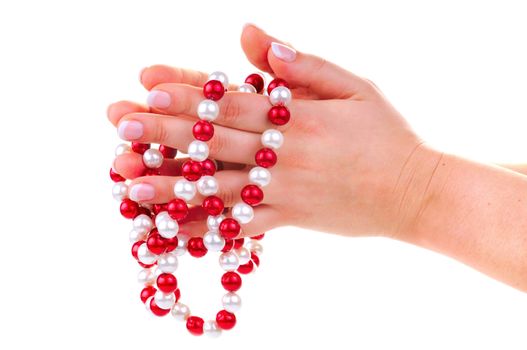 Beautiful hands with french manicure and feminine necklace on white background