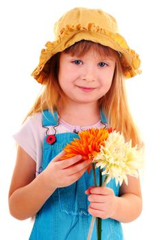 Beauty small girl with three flowers on white background