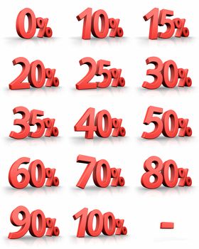 Complete set of red percent tags for sales and discounts, price tags with minus