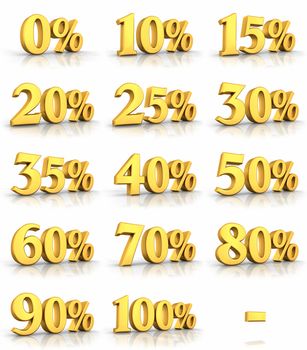 Complete set of gold percent tags for sales and discounts, price tags with minus