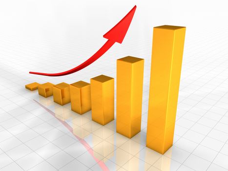Growing gold graph with a red arrow pointing upward