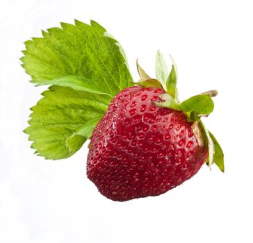 red and ripe tasty strawberry with leaf