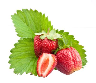 red and ripe tasty strawberries with leaf