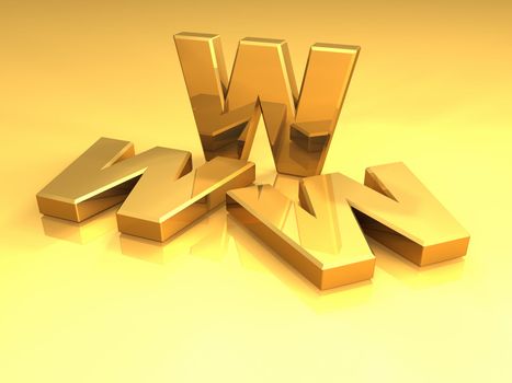 Gold letters www on a reflective floor, 3d render