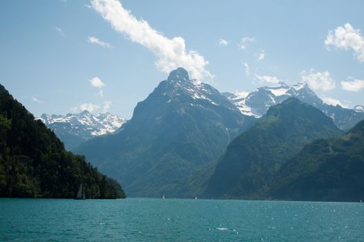 Sailing Boats and beautiful mountain panorama at Lake Lucerne, Switzerland