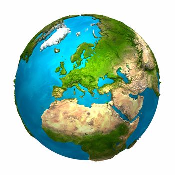 Planet Earth - Europe - colorful globe with detailed and realistic surface, 3d render