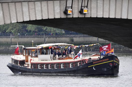 LONDON, UK, Sunday June 3, 2012. Hundred of boats muster on the river Thames in Putney (west London) for the Thames Diamond Jubilee Pageant to celebrate the Queen's Diamond Jubilee.