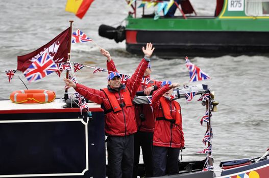 LONDON, UK, Sunday June 3, 2012. Hundred of boats muster on the river Thames in Putney (west London) for the Thames Diamond Jubilee Pageant to celebrate the Queen's Diamond Jubilee.