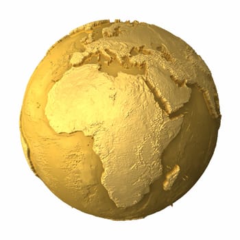 Gold globe - metal earth with realistic topography - africa, 3d render