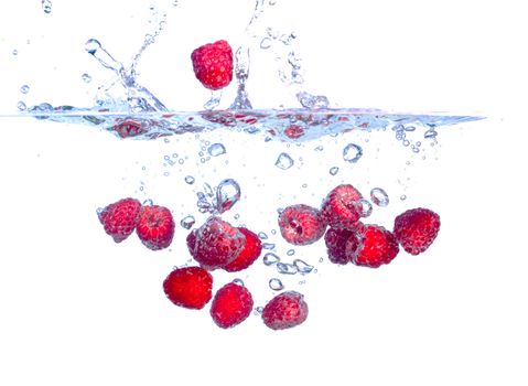 Red Raspberries Falls under Water with a Splash, isolated