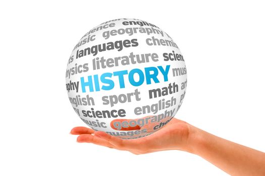 Hand holding a History Word Sphere on white background. 