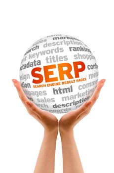 Hands holding a Search Engine Result Pages Word Sphere on white background.