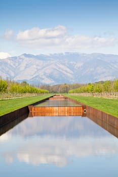 Italy - Water pool in green field with Alps mountains on background