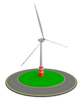 Wind turbine and roundabout route