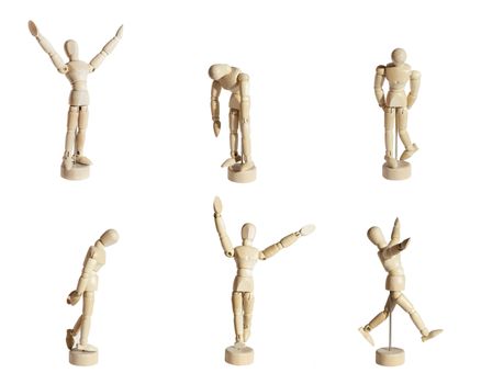 Six wood mannequins showing diverse emotions against white background.