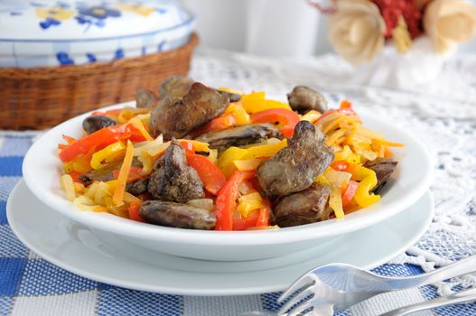 Chicken liver with roasted sweet peppers, onions and carrots