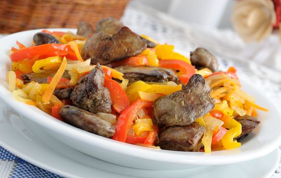 Chicken liver with roasted sweet peppers, onions and carrots