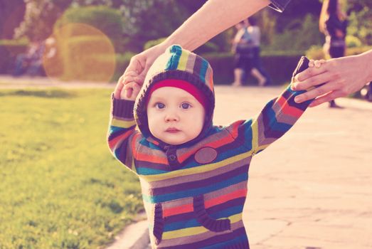 Cute little boy for a walk in a sunny park. Soft focus