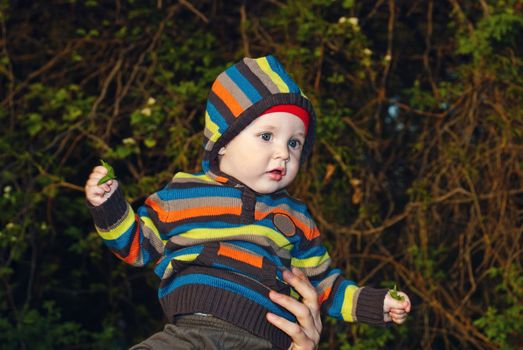 Cheerful boy in the hood in nature.